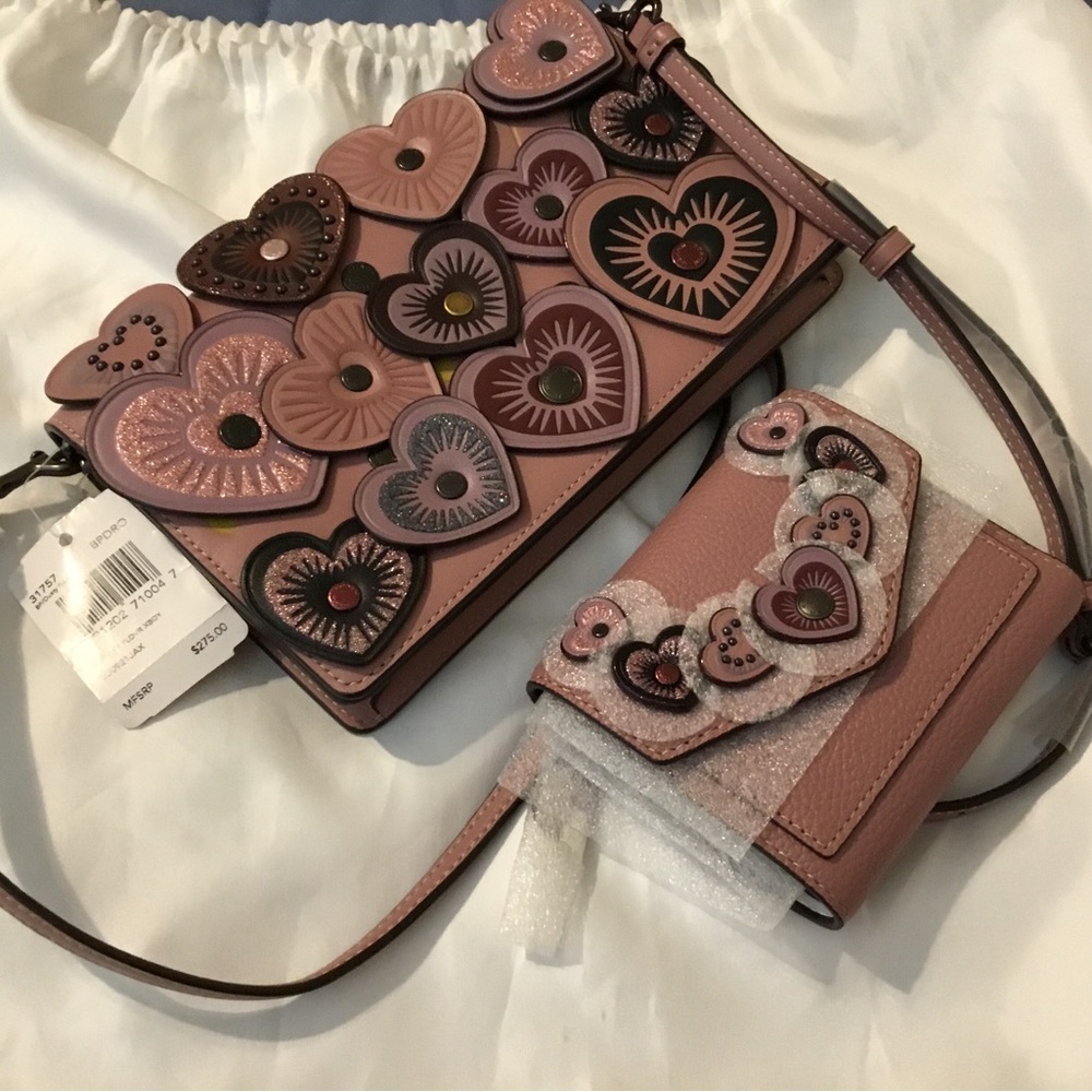 NWT Coach Dusty Rose Heart Fold-over Crossbody Clutch & RARE Matching Wallet Set
